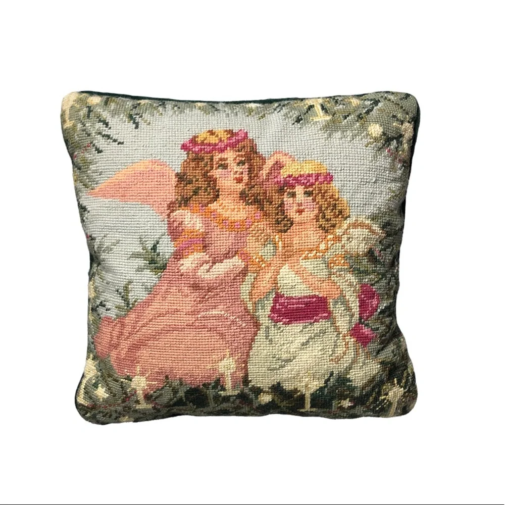 Vintage Needlepoint Angel Sisters 14x14 throw pillow